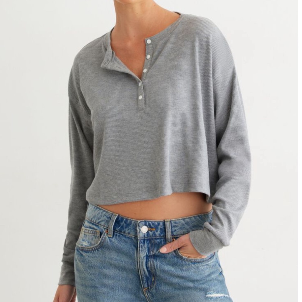 Dynamite Long Sleeve Cropped Henley Waffle Top